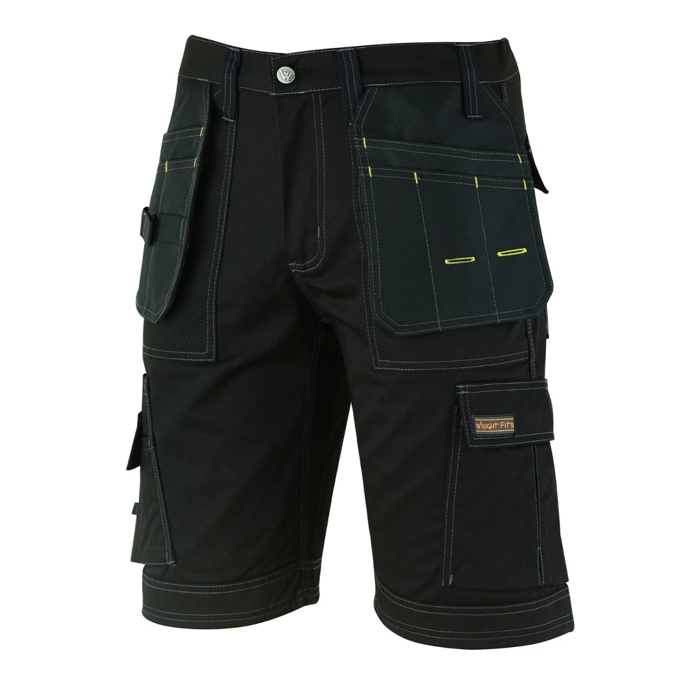 WRIGHT FITS Wrightfits Mens Work Shorts Black Heavy Duty Safety Combat Cargo Summer Shorts