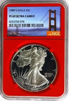 1989 S $1 American Silver Eagle 1oz NGC PF 69 Ultra Cameo - Red Core - Image 1 of 2