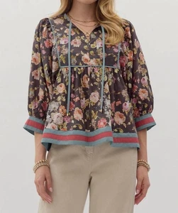 Entro Vintage Floral Top Chocolate Multi - Picture 1 of 9