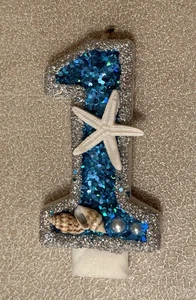 Geburtstagskerze Sea Style - Nummer 1 gebraucht blau Glitzer mit Muscheln - Bild 1 von 6