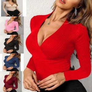 Hot Sexy Women Low Cut V Neck Slim Fit Blouse Long Sleeve Front T Shirt Tops - Picture 1 of 21
