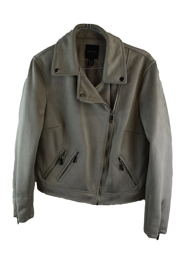 New Look Womans Grey Faux Suede cropped Biker 90s Jacket Size 14 - Image 1 of 4