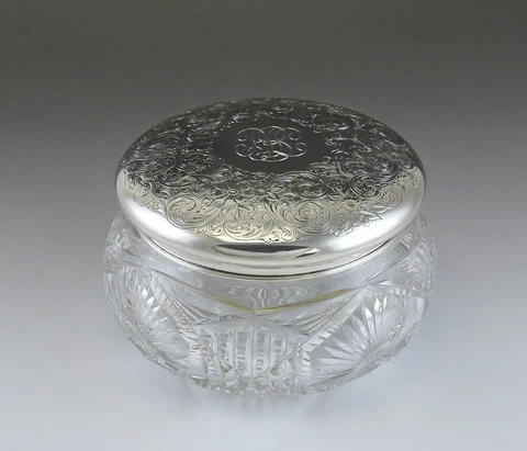 Antique Art Nouveau 1909 Gorham Sterling Silver Glass Vanity Dresser Box/Jar Cover