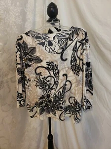 C.J. Banks Gr. x beige/schwarz/weiß 3/4 Arm Perlen Blumen V-Ausschnitt Strickbluse - Bild 1 von 4