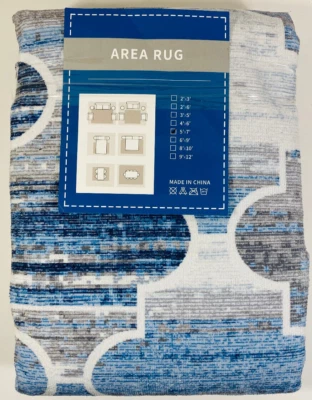 5x7 Area Rug Blue Modern Geometric Ogee Trellis Low Pile Non-Slip Washable - Image 1 of 4