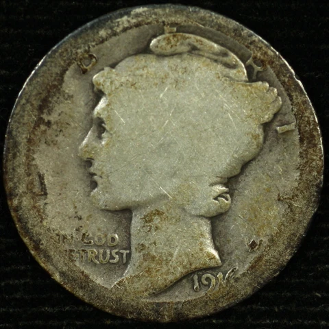 Mercury Silver Dime. 1916 D. About Good Circulated. Lot # 9048-173-1916 Cover