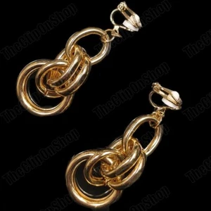 CLIP ON link drop RETRO EARRINGS non-pierced dangle chain links hoops GOLD TONE - Picture 1 of 7