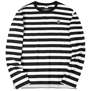 Men's Casual Black and White Striped Shirts Crewneck Long Sleeve Basic Daily ... - Picture 1 of 7