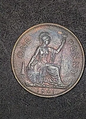 Reino Unido británico 1961 un centavo ~ tonificado  Foto 1 de 2