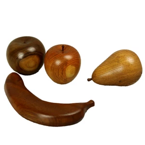 Set of 4 Wooden Mixed Fruit Hand Turned Signed Natural Apples Banana Pear - Picture 1 of 16