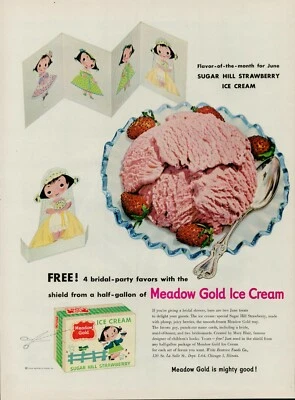 1954 Meadow Gold Ice Cream Vintage Antiguo Anuncio Estampado Fresa Sugar Hill Favores Foto 1 de 4