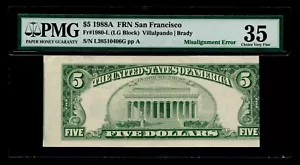 Misalignment Error 1988-A $5 FRN San Francisco PMG VF 35 - Picture 1 of 2