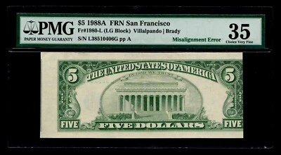 Misalignment Error 1988-A $5 FRN San Francisco PMG VF 35 - Image 1 of 2