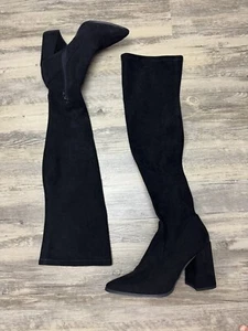 Womens Steve Madden Suede Knee Boots Size 10 Black Block Heel Point Toe - Picture 1 of 4