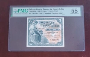 1944 Belgian Congo 5 Francs PMG Choice About Circulated 58 P#13Ac - Picture 1 of 2