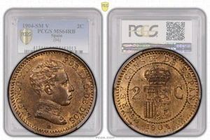 SPAIN, Alfonso XIII, 2 Centimos 1904 SM-V, Top Pop, PCGS MS 64 RB - Picture 1 of 8