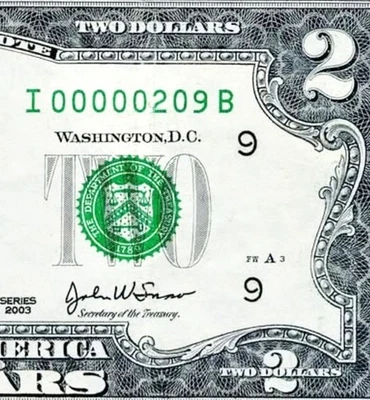 LOW FANCY 3 DIGIT # 00000209 $2 series 2003 / non star - Image 1 of 3