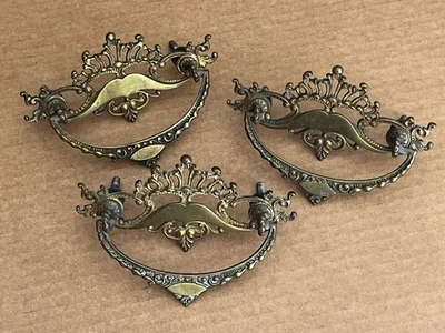 Lot of 3 Reclaimed Ornate Brass Victorian Antique Filigree Drawer Pull Handles - Image 1 of 4