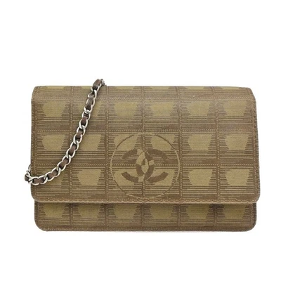 CHANEL New Travel Line Chain Shoulder Bag Canvas Leather Khaki SHW Italy 95TA163 - Image 1 of 4