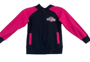 Harley Davidson Girls Small 6 Black & Pink Zip Up Hoodie Sweatshirt Glitter Logo - Picture 1 of 12