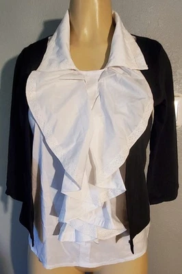 Allegra K Academia Black & White Ruffle Crochet Trim Collar Layered Top - Image 1 of 4