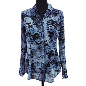Cabi #609 Blue Reptile Print Semi-Sheer Button Down Women's Sz S - Picture 1 of 9