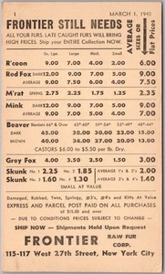 Postal publicitaria de la ciudad de Nueva York 1943 "FRONTIER RAW FUR CORP" West 27th Street - Imagen 1 de 2