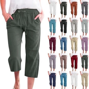 LADIES ELASTICATED WAIST THREE QUARTER 3/4 CAPRI CROPPED WOMENS LINEN TROUSERS - Picture 1 of 59