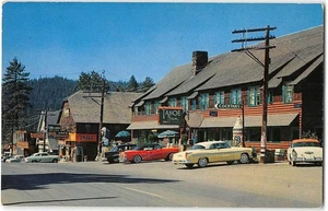TAHOE CITY, CA 1950s Cars LAKE TAHOE Tahoe Inn Drug Store Frashers Postcard - Picture 1 of 2