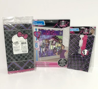 Monster High Happy Birthday 5ft Backdrop Banner Party Hats and Table Cover Lot - Image 1 of 4