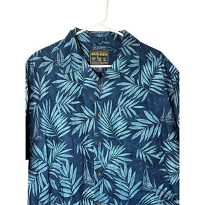 Woolrich Mens Button Up Shirt Short Sleeve Blue Palm Sailboat Pattern - Picture 1 of 6