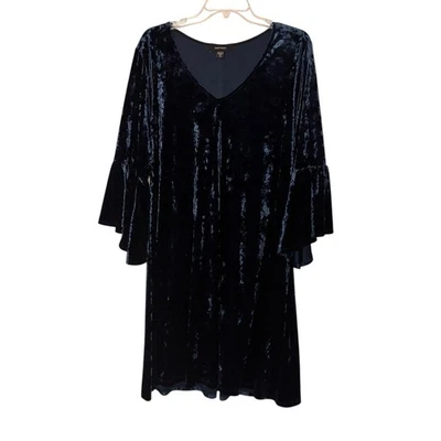 Karen Kane Plus Size 2X Stretch Teal Velvet Bell Sleeve Swing ALine Shift Dress - Image 1 of 4