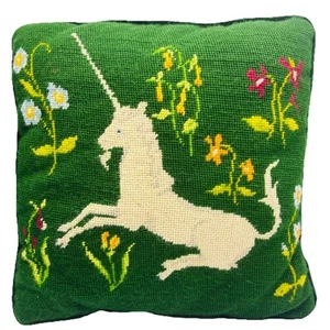 Unicorn Floral Needlepoint Pillow W/ Velvet Green Backing 13”x13” Handmade Green - Picture 1 of 8