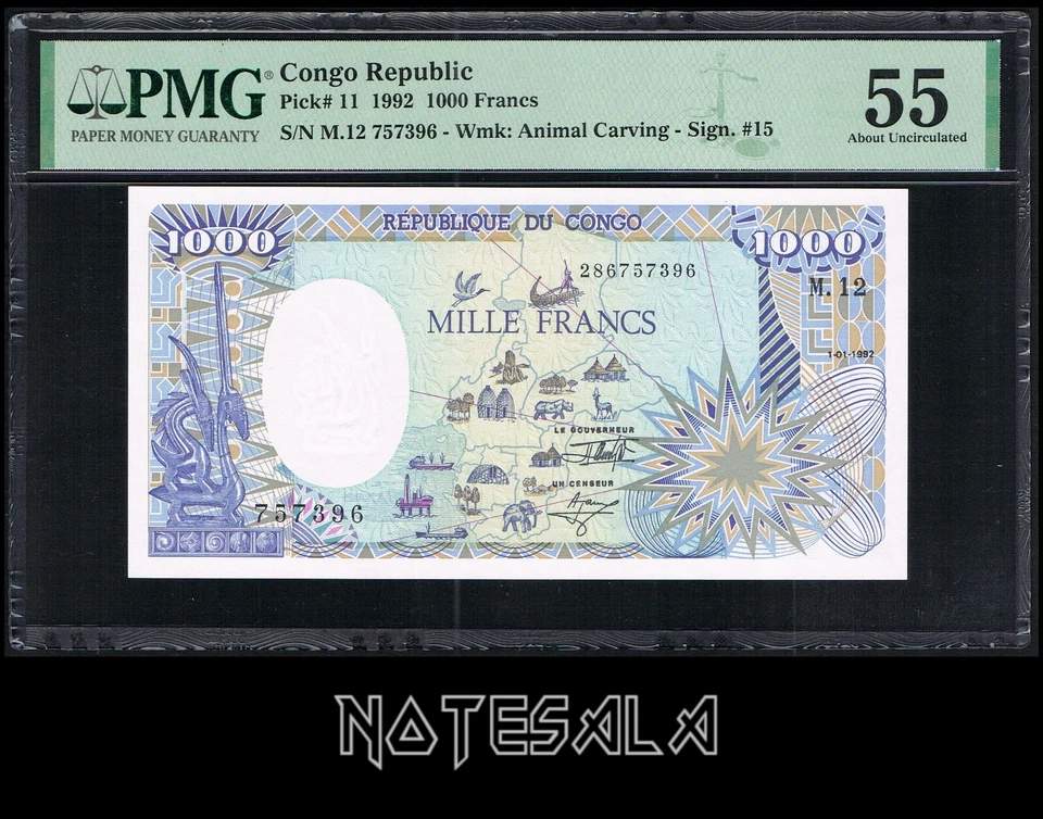 CONGO REPUBLIC 1000 1,000 FRANCS 1992 Pick-11 PMG 55 AUNC S/N M.12 757396 - Image 1 of 2