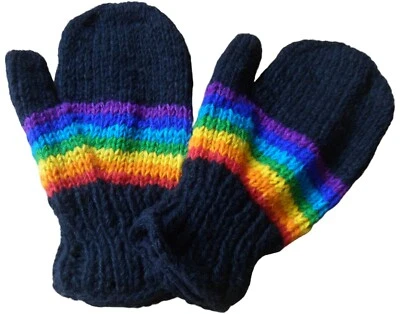 Fair Trade Wool Black/Rainbow Striped Fleece Lined Hippy Boho Mittens/Gloves - Image 1 of 2