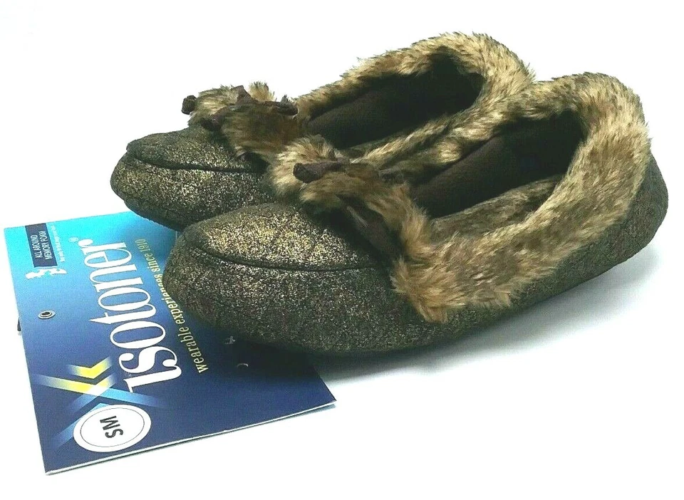 Zapatillas Isotoner para mujer de espuma viscoelástica doradas marrones brillantes piel sintética EE. UU. pequeñas (5-6) Foto 1 de 4