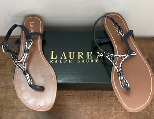 Ralph Lauren Navy & Cream Braided Leather T Strap Thong Sandals Size 9.5B in Box - Picture 1 of 10