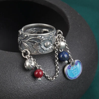 B35 Anello Rami Catenina Nappa Rotondi Agata Lapislazzuli 925 Argento Sterling - Immagine 1 di 4