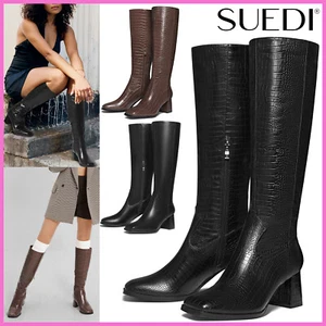 SUEDI Women Square Toe Knee High Boots 2.4'' Chunky Heel Side Zipper Tall Boots - Picture 1 of 48