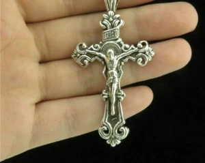 JESUS CRUCIFIX CROSS pendant 22" Sterling Silver 925 FIGARO necklace chain men - Picture 1 of 7
