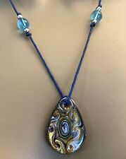 Art Glass Pendant Blue Gold Swirl Design Cord Necklace