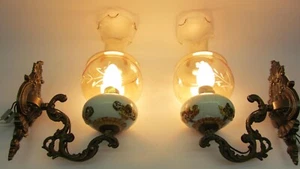 Paar Majolika im Stil des Jugendstils Lampe Wandlampe Zinkguß '60er Jahre - Picture 1 of 12