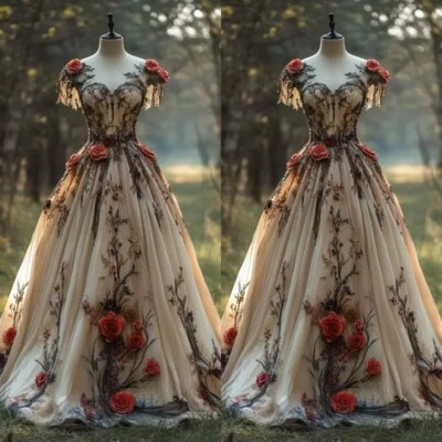 Vintage Champagne Wedding Dresses Short Sleeves 3D Florals A-Line Bridal Gowns - Image 1 of 4