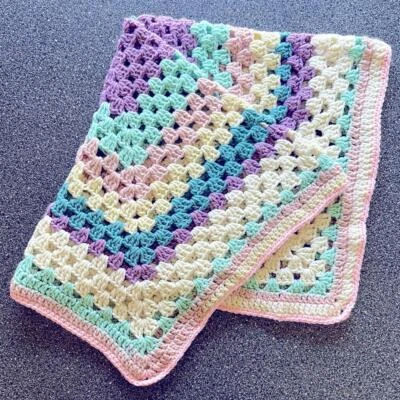 Vintage Handmade Knit Throw Easter Pastel Colorful Crochet Blanket For Baby Room - Image 1 of 4