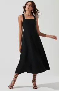 ASTR Valenz Midikleid Leinenmischung A-Linie quadratischer Ausschnitt gekreuzter Rücken schwarz M - Bild 1 von 16