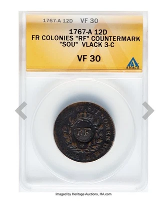 1767-A French Colonies Copper Sou, "RF" Counterstamp, Graded VF30  - Image 1 of 2