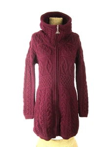 Aran Crafts Womens S Burgundy Purple Red LS Wool Cable Knit Sweater Coat Zip - Picture 1 of 14