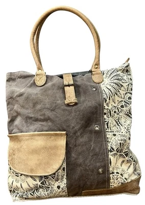 Myra Bags Floral Side Upcycled Canvas Tote Bag S-0733, Tan, Khaki, Brown - Image 1 of 4