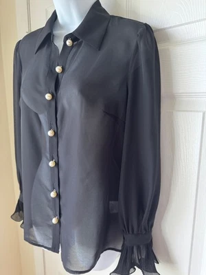 Блузка Milly черная прозрачная черная с длинным рукавом с жемчужными пуговицами размер P с воротником - Изображение 1 из 4