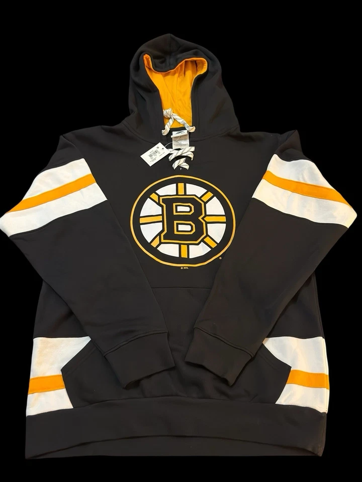 Boston Bruins NHL Hoodie Sweatshirt Hockey Skate Lace Size Medium Black W/Logo